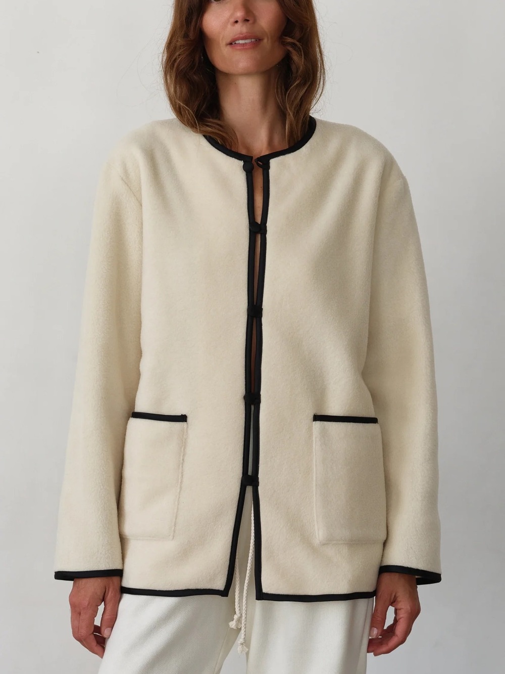 NWOT DONNI Cream Polar Fleece Jacket with Silk Black Trim